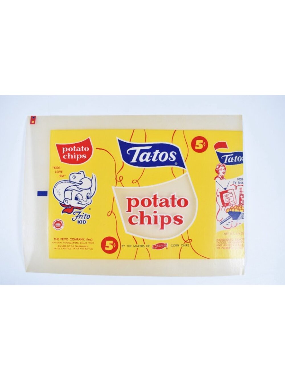 Vintage 1940’s Frito Kid Ta-tos Potato Chips Wax Bag Pre-Frito-Lay New Old Stock - Picture 2 of 10